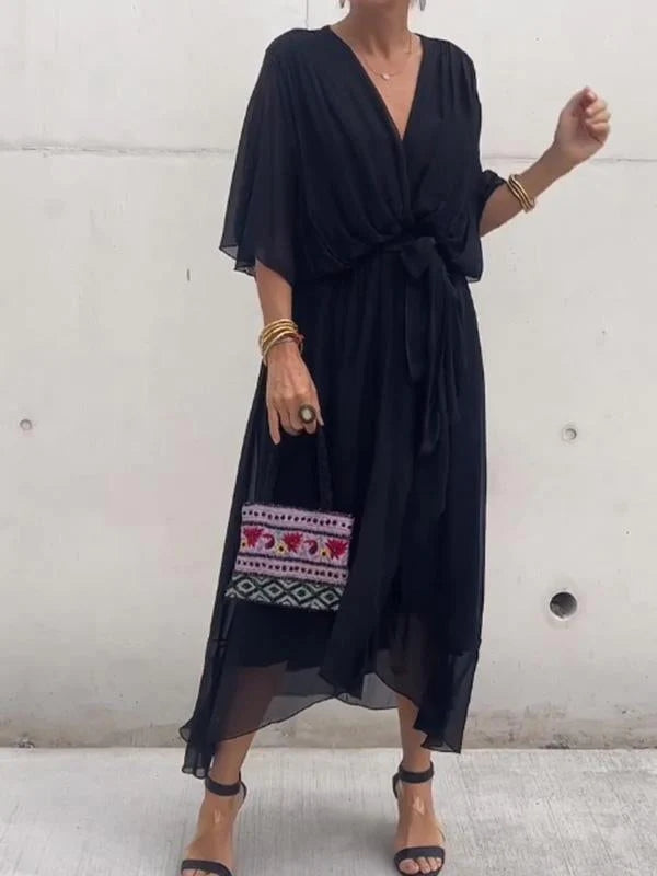 Black V-neck midi dress with draped sleeves and waist tie sash