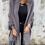 Gray long-sleeve wrap cardigan with fringe hem, open front, draped collar