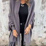 Gray long-sleeve wrap cardigan with fringe hem, open front, draped collar