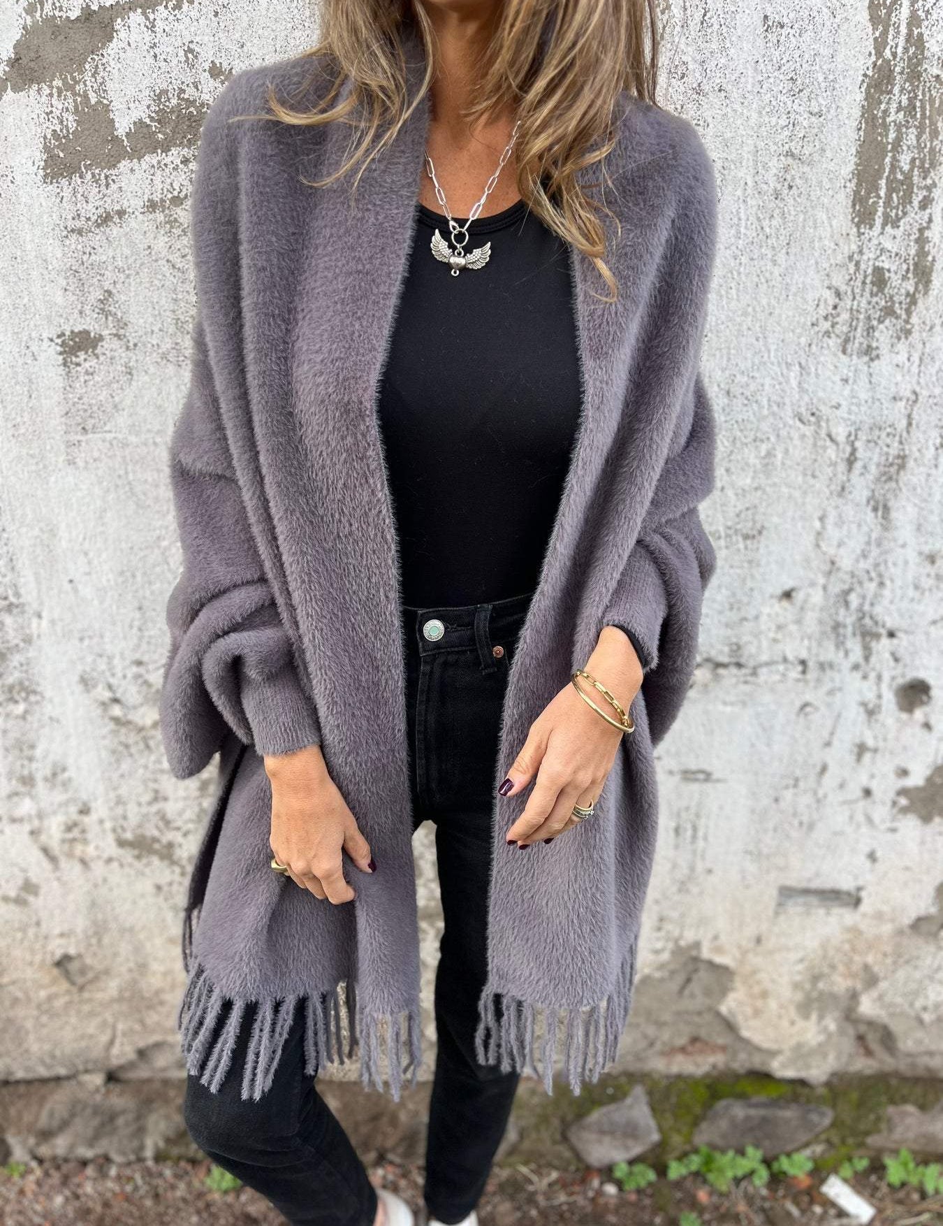 Gray long-sleeve wrap cardigan with fringe hem, open front, draped collar