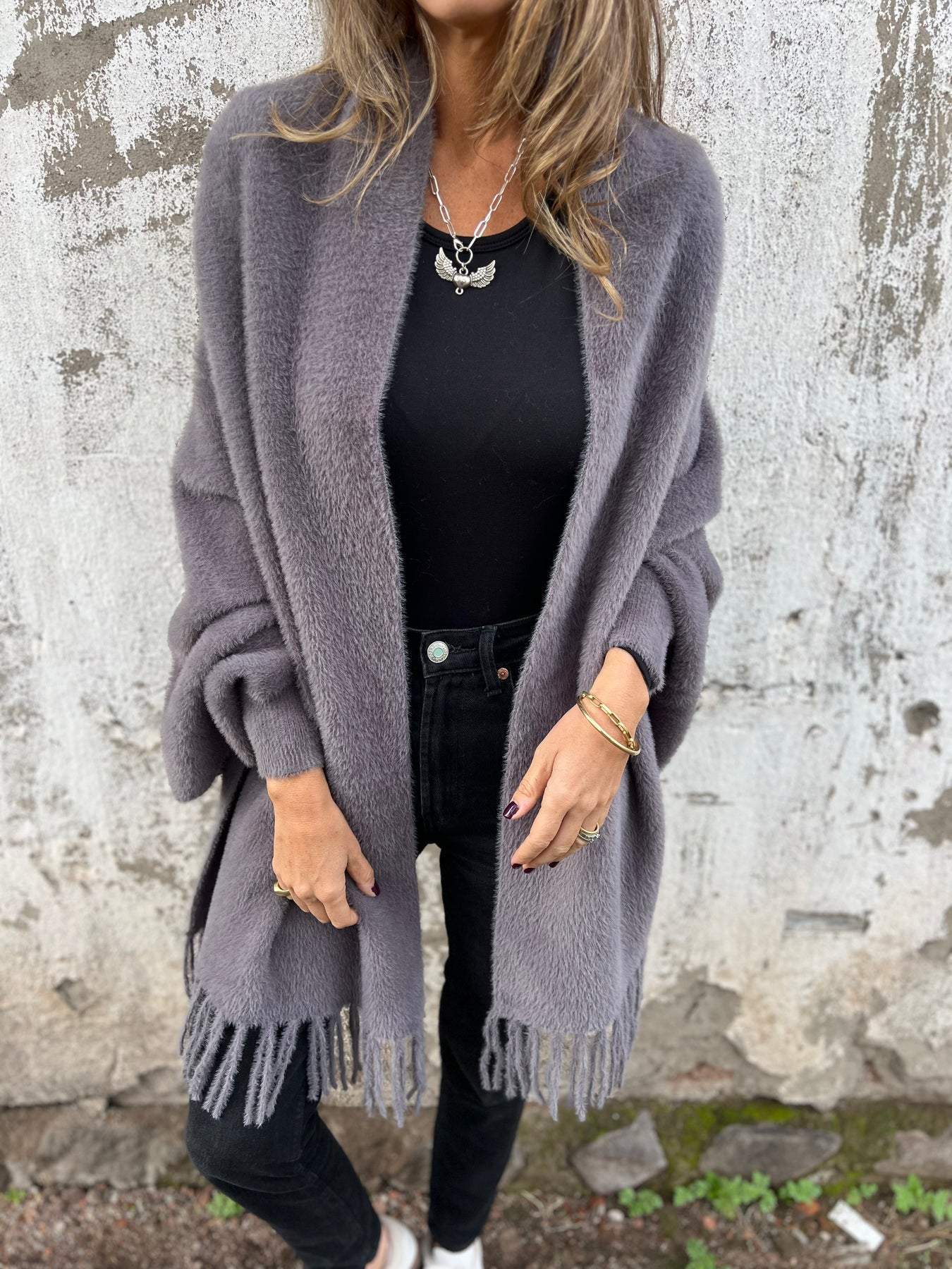 Gray long-sleeve wrap cardigan with fringe hem, open front, draped collar