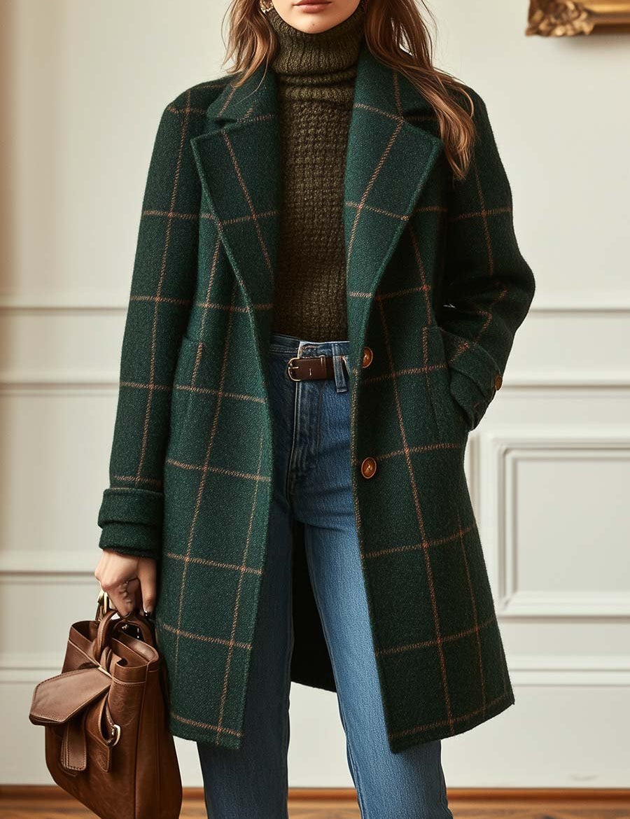 Women’s dark green plaid wool coat with lapels, front buttons, and long sleeves