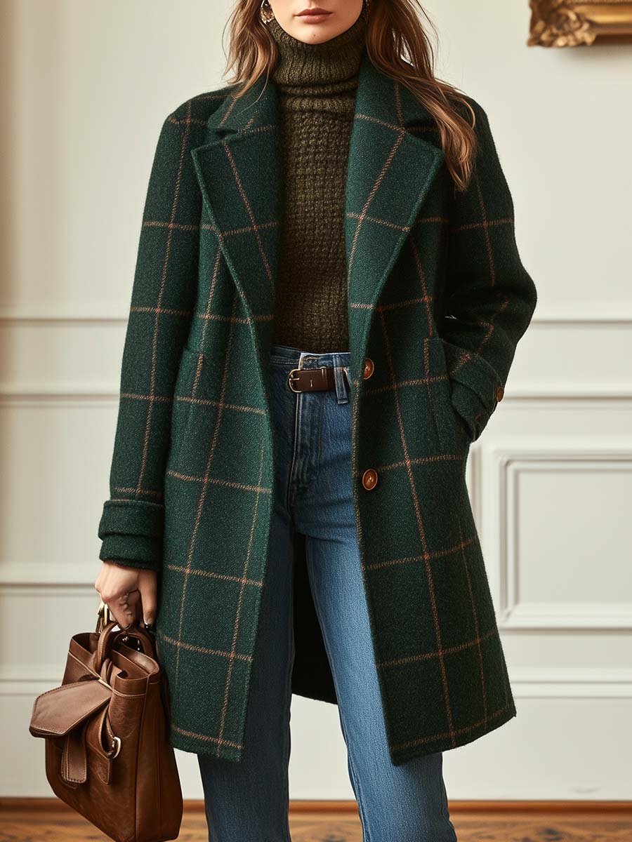 Women’s dark green plaid wool coat with lapels, front buttons, and long sleeves