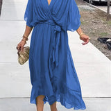 Blue V-neck midi dress with draped sleeves and tied waist sash