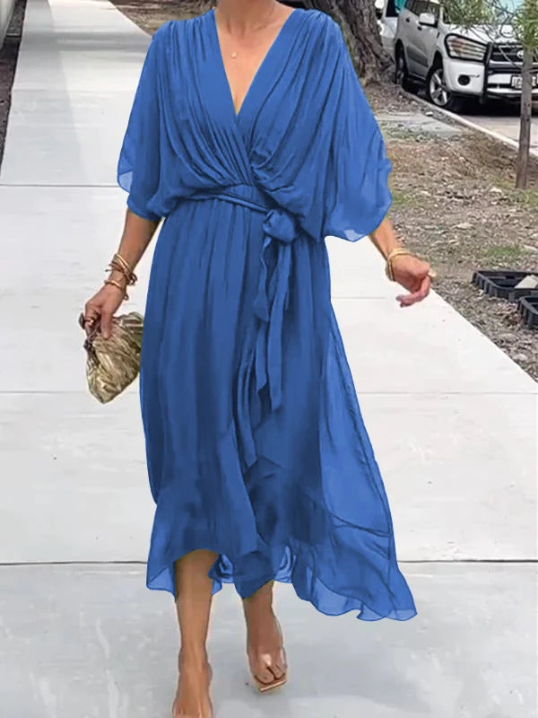 Blue V-neck midi dress with draped sleeves and tied waist sash
