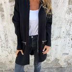 Long hooded knit cardigan, dark/black, zip front, two side pockets