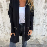 Long hooded knit cardigan, dark/black, zip front, two side pockets