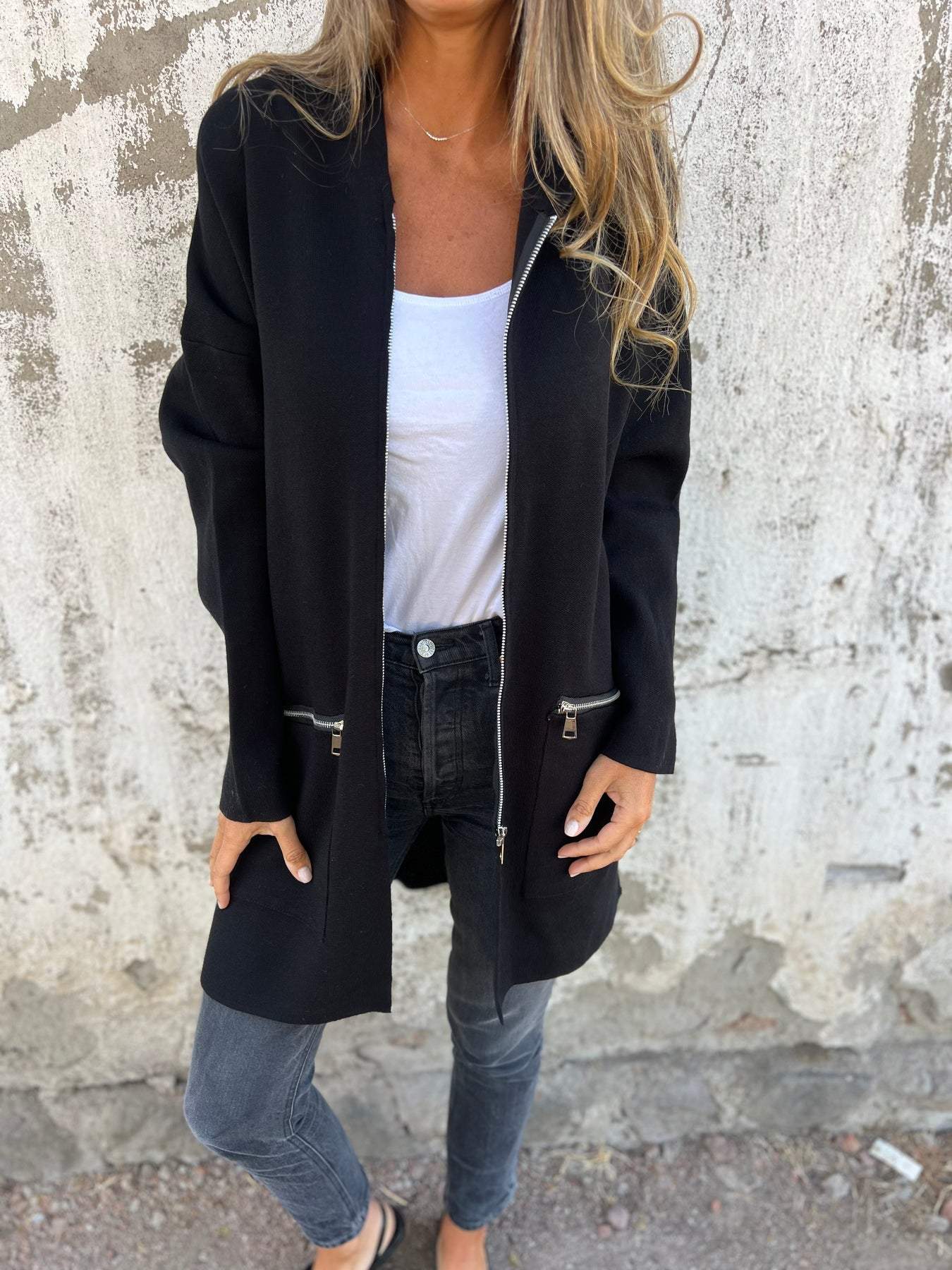Long hooded knit cardigan, dark/black, zip front, two side pockets