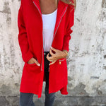 Long hooded knit cardigan, red, zip front, two side pockets