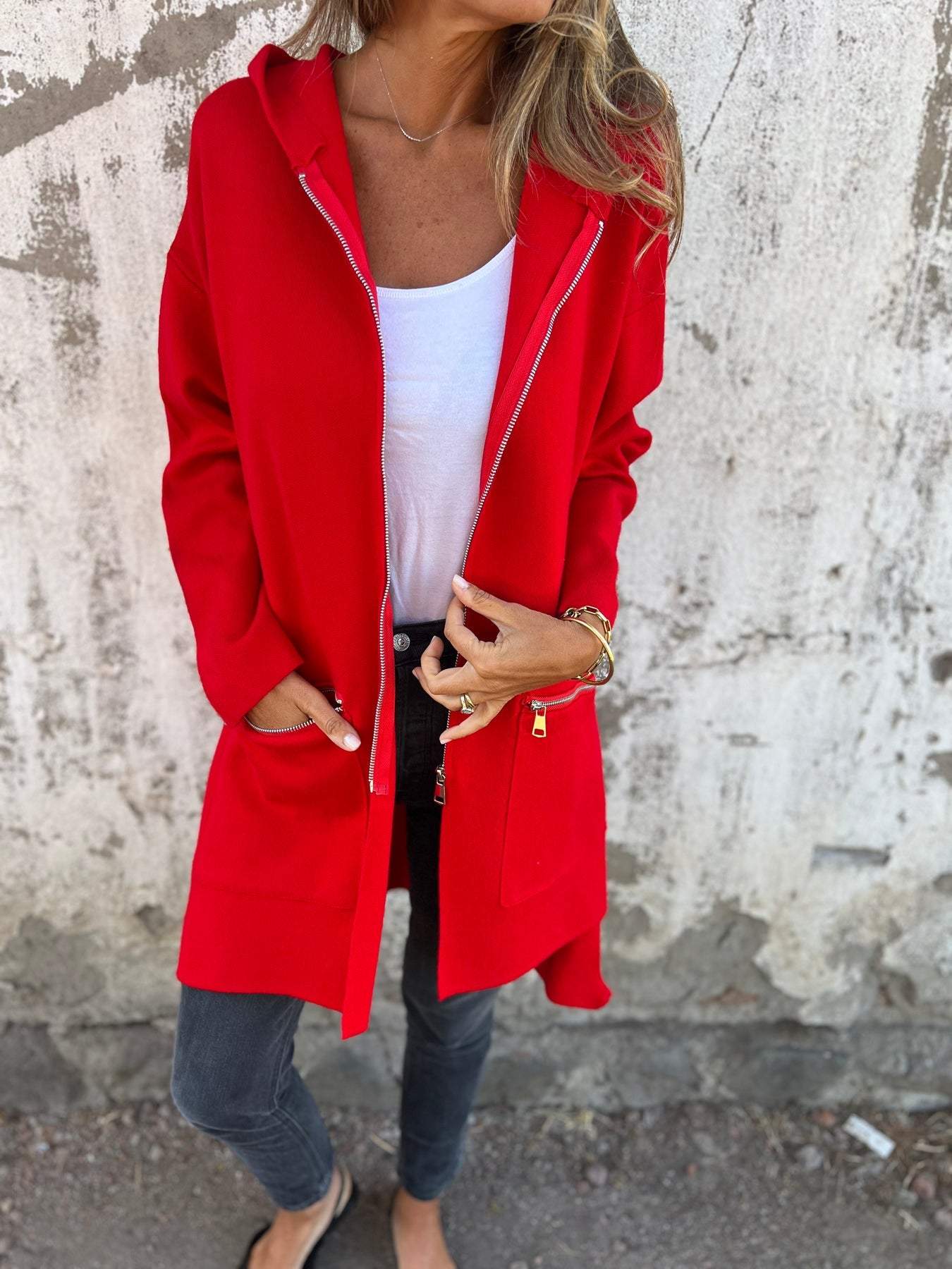 Long hooded knit cardigan, red, zip front, two side pockets