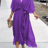 Purple V-neck midi dress with draped sleeves and tied waist sash