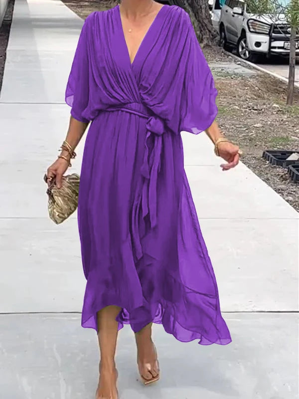 Purple V-neck midi dress with draped sleeves and tied waist sash