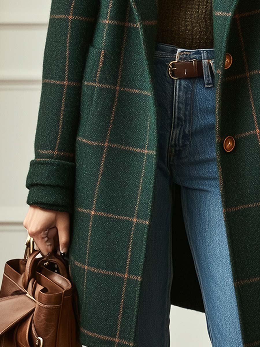 Dark green plaid coat with cuffed sleeve and front buttons, worn over blue jeans