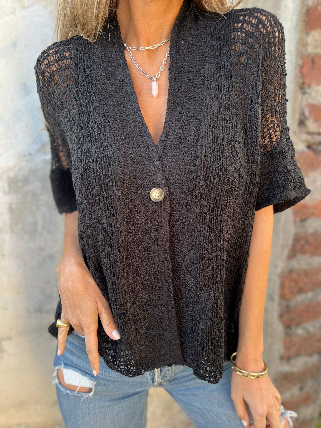 Textured button-front V-neck short-sleeve top in dark charcoal black