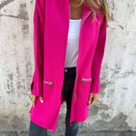 Long hooded knit cardigan, bright pink, zip front, two side pockets