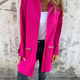 Long hooded knit cardigan, bright pink, zip front, two side pockets