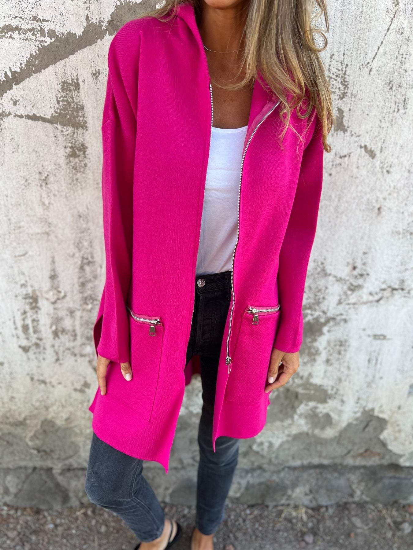 Long hooded knit cardigan, bright pink, zip front, two side pockets