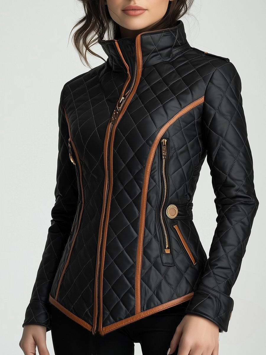 Black quilted padded jacket with stand collar, front zipper and side pockets, tan trim