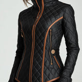 Black quilted padded jacket with stand collar, front zipper and side pockets, tan trim
