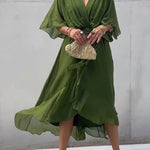 Fiorella elegant green V-neck wrap dress with draped short sleeves