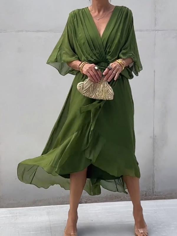 Fiorella elegant green V-neck wrap dress with draped short sleeves