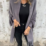 Gray long-sleeve wrap cardigan with fringe at cuffs and hem, open front