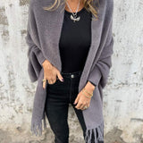 Gray long-sleeve wrap cardigan with fringe at cuffs and hem, open front