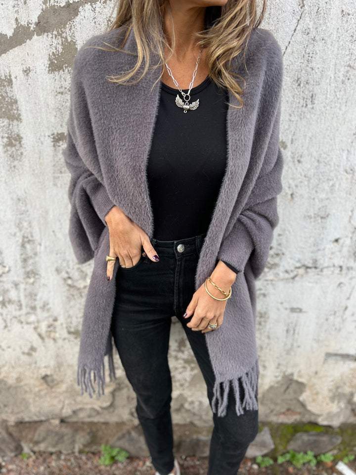 Gray long-sleeve wrap cardigan with fringe at cuffs and hem, open front