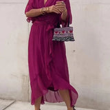 Fuchsia V-neck midi dress with draped sleeves and tied waist detail