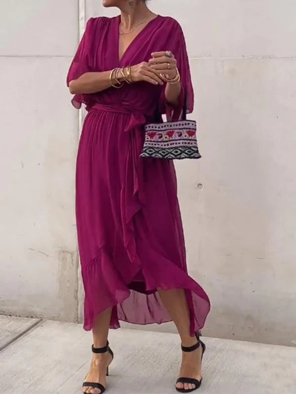 Fuchsia V-neck midi dress with draped sleeves and tied waist detail
