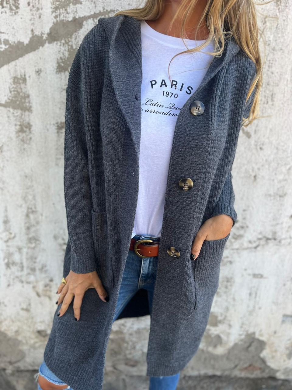 Heidi™ long knit cardigan in blue-gray with button front and side pockets, open lapels