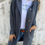 Heidi™ long knit cardigan in blue-gray with button front and side pockets, open lapels