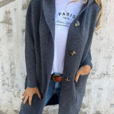 Heidi™ long knit cardigan in blue-gray with button front and side pockets, open lapels