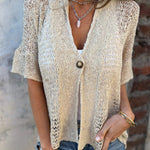 Textured button-front short-sleeve top in light cream with V-neck detail