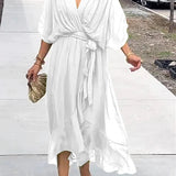 White V-neck midi dress with draped sleeves and knotted belt at the waist