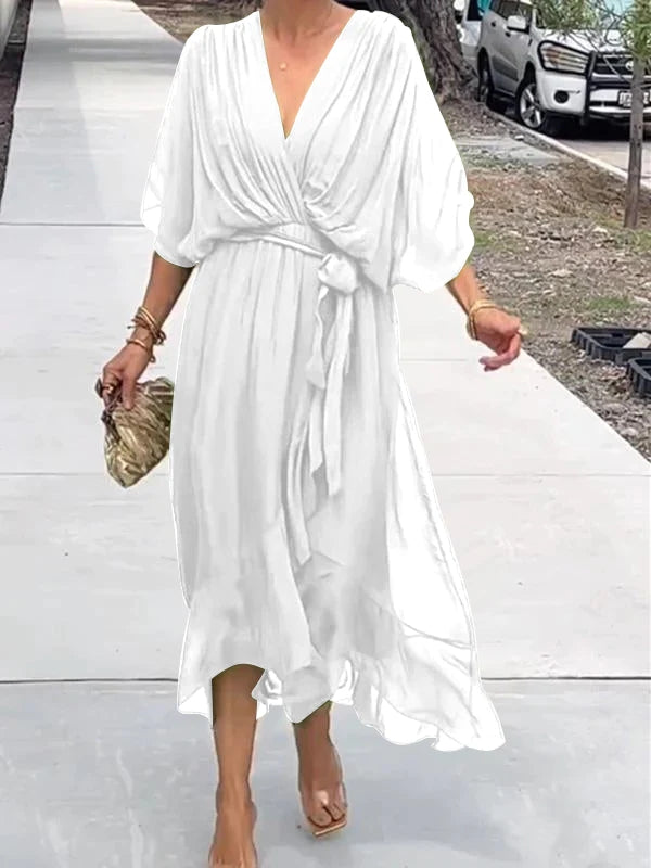 White V-neck midi dress with draped sleeves and knotted belt at the waist