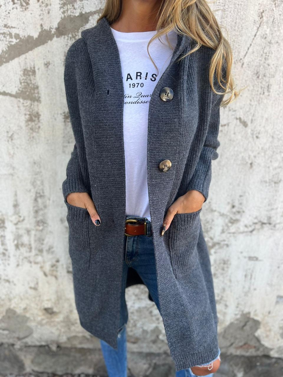Heidi™ long knit cardigan in dark gray with button front and side pockets, open lapels