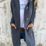 Heidi™ long knit cardigan in dark gray with button front and side pockets, open lapels