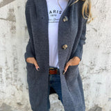 Heidi™ long knit cardigan in dark gray with button front and side pockets, open lapels