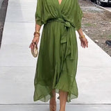 Olive green V-neck midi dress with draped sleeves and tied waist detail