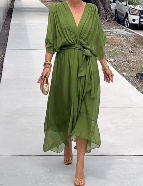 Olive green V-neck midi dress with draped sleeves and tied waist detail