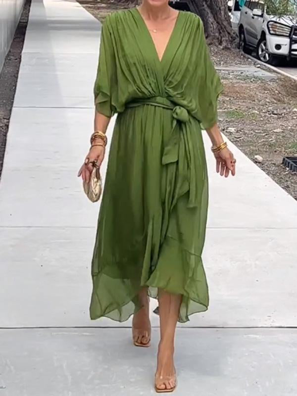 Olive green V-neck midi dress with draped sleeves and tied waist detail