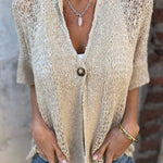Textured knit button-front V-neck short-sleeve top in light cream