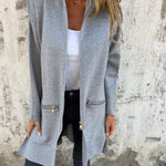 Long hooded knit cardigan, heather gray, zip front, two side pockets