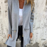 Long hooded knit cardigan, heather gray, zip front, two side pockets