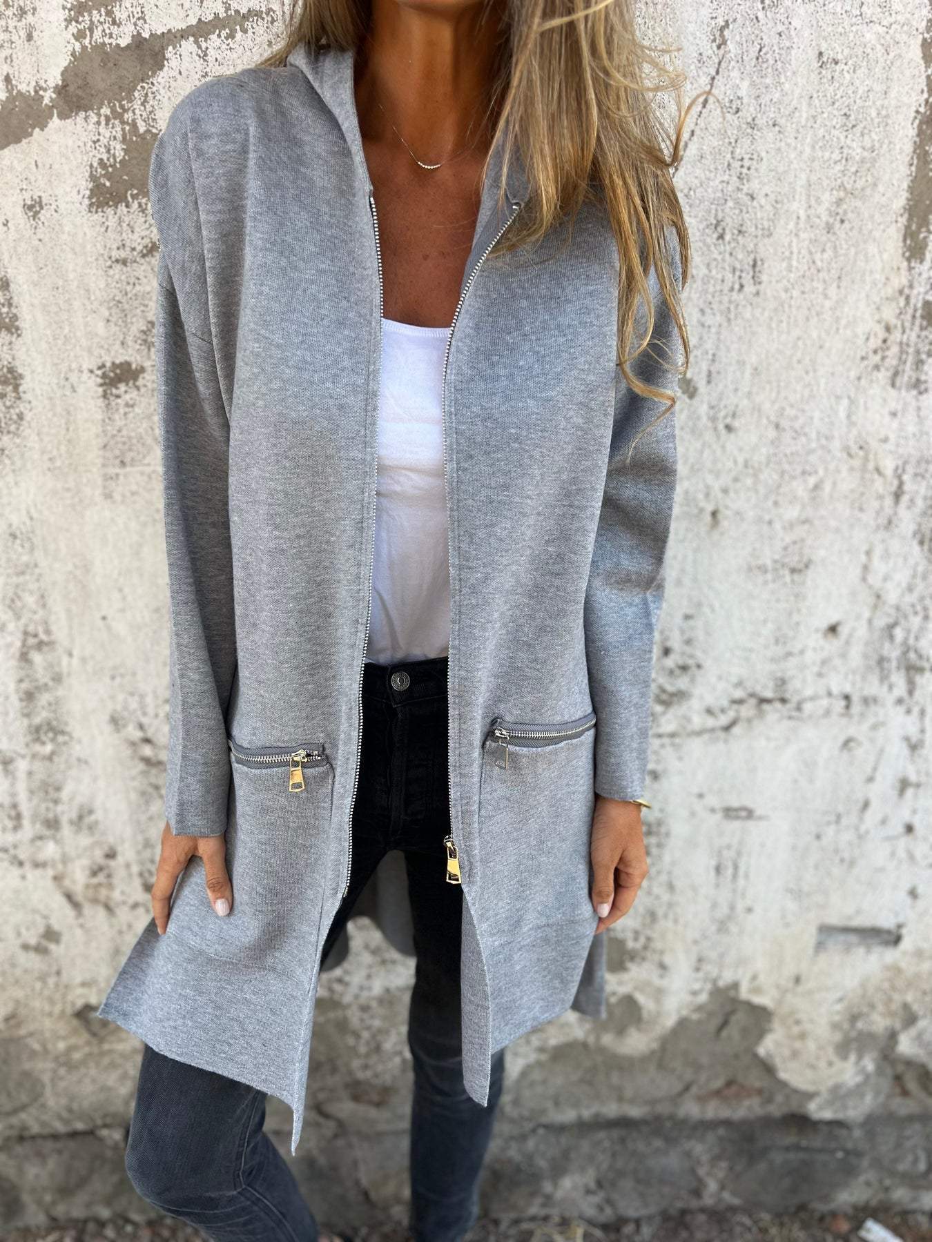 Long hooded knit cardigan, heather gray, zip front, two side pockets