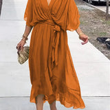 Rust orange V-neck midi dress with draped sleeves and waist tie detail