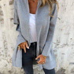 Long hooded knit cardigan, heather gray, zip front, two side pockets