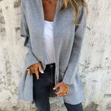 Long hooded knit cardigan, heather gray, zip front, two side pockets