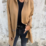 Long hooded knit cardigan, camel/tan, zip front, two side pockets